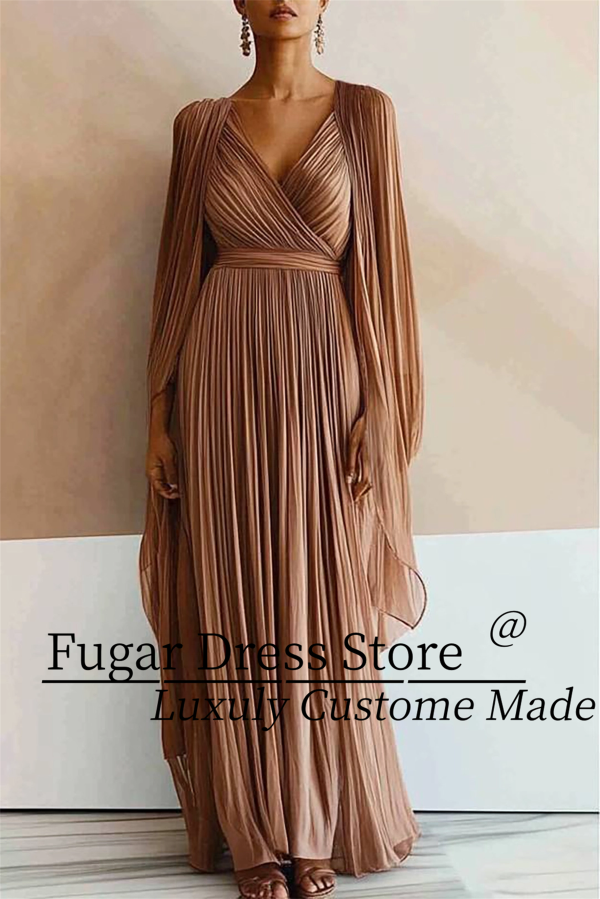 TIANTIAN Luxuly Elegant Evening Formal Party Dress Customized Pleated sexy V-Neck Cape Maxi Dress