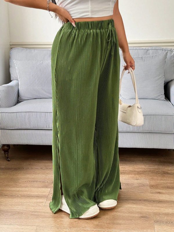Loose Wide Leg Pants, Silky Satin Draped High Waist Casual Straight Long Trousers, Lightweight For Summer