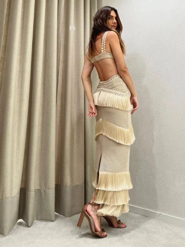 Women Tassel Sleeveless Hollow Dress Women Sexy Off Shoulder Backless