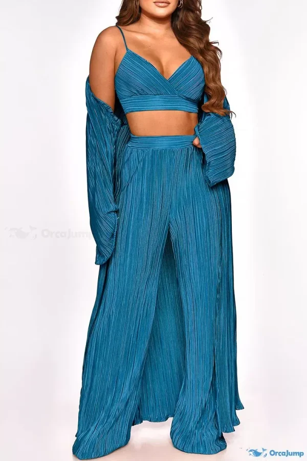 OrcaJump - Azul pavo real V-cuello de manga larga de dos piezas Casual Sólido Cardigan Chaleco y Pantalón Conjunto - Azul pavo real, XL