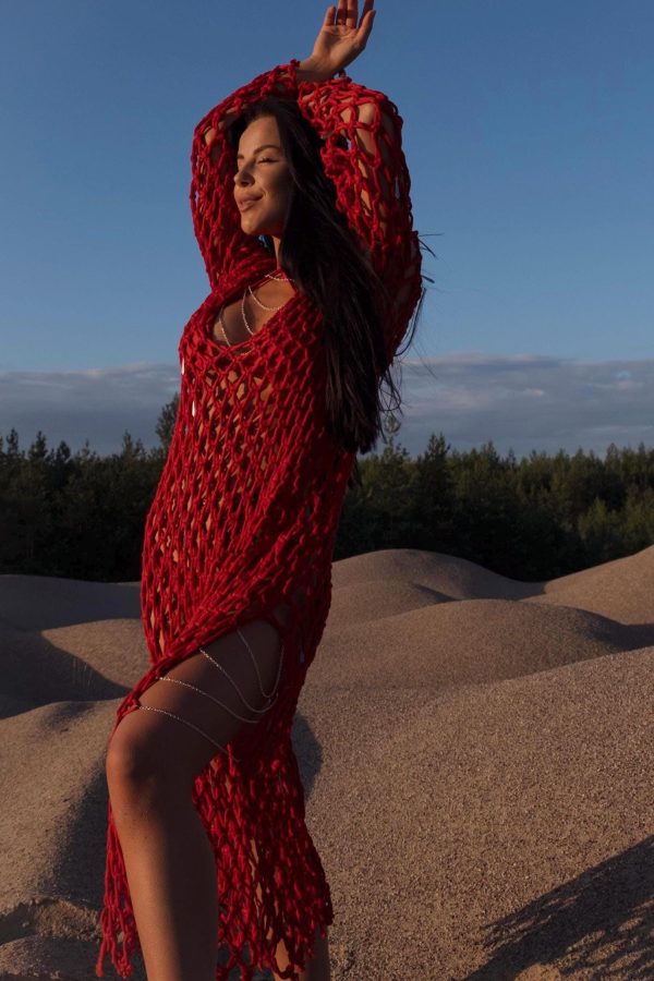 Red macrame dress, Christmas dress, Red handmade dress, Macrame dress with accessories, Beach style dress, Red dress for party, Boho dress.