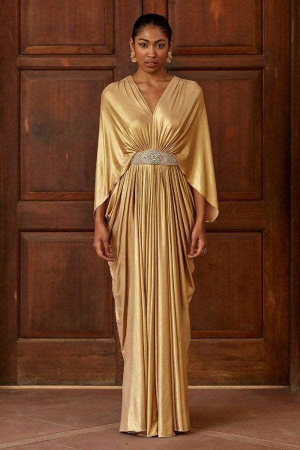 Gold Foiled Drape Gown With Crystal Belt