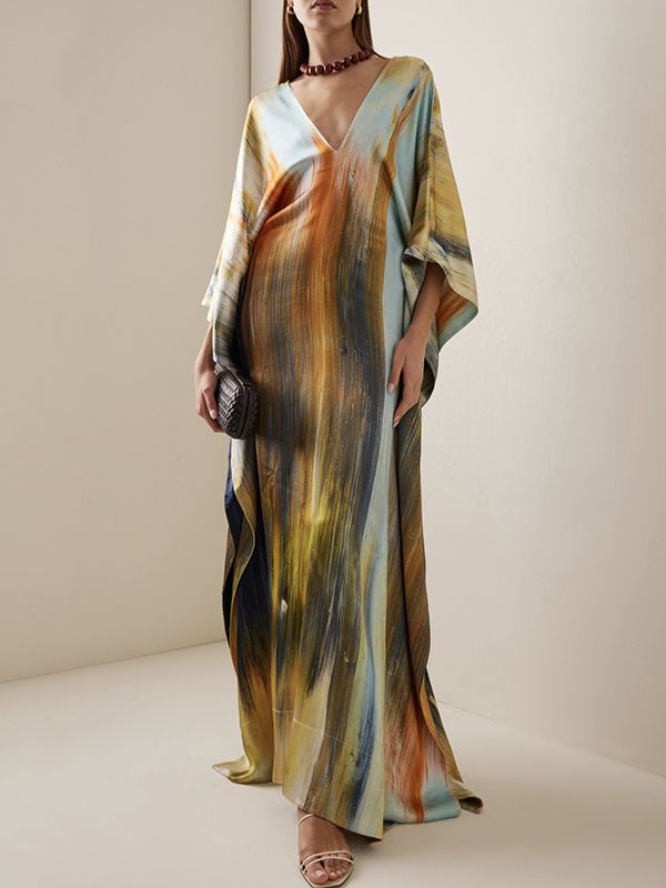 Printed Split-Joint Batwing Sleeves Loose V-Neck Maxi Dresses GREEN-XL