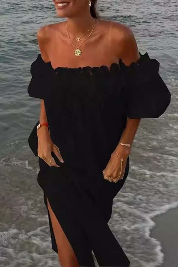 Sexy Solid Slit Fold Off the Shoulder Beach Dresses - Cream White / M
