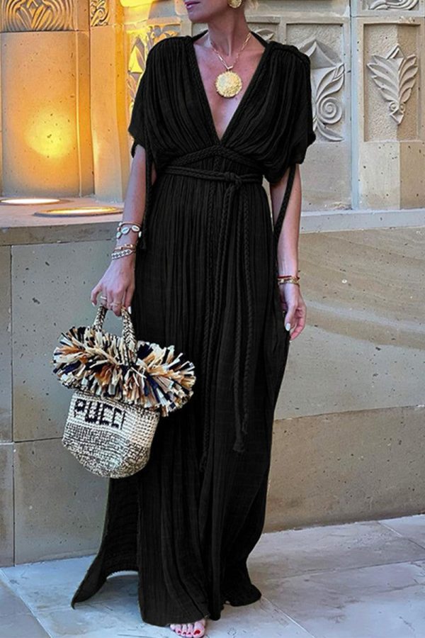 Casual Simplicity Solid Bandage Slit V Neck A Line Dresses - Black / One Size
