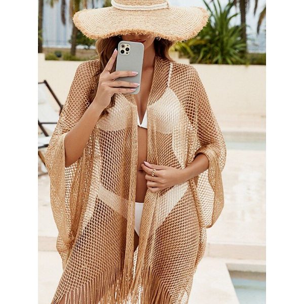 Women's Swimwear wrap Swimsuit Fringe Hem Cut Out Vacation Beach Wear Solid Color V Neck Long Sleeve Bathing Suits