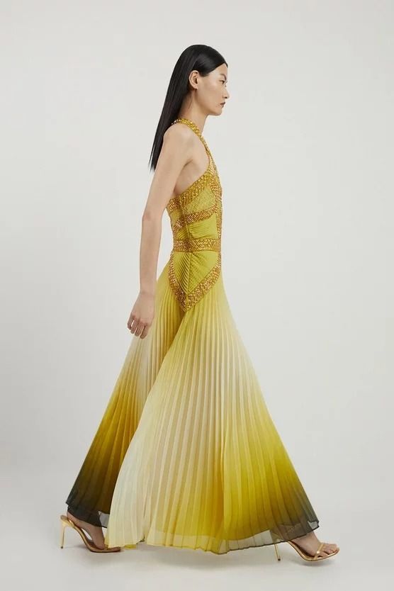 Geo Embellished Ombre Pleated Woven Maxi Dress | Karen Millen