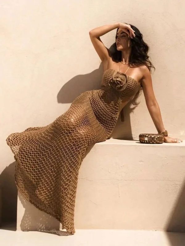 3D Flower Knitted Maxi Dress - Khaki / M