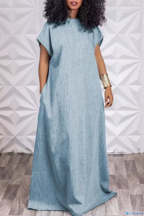 OrcaJump - Vestido vaquero azul marino clásico con cuello en O y mangas cortas para un estilo casual chic - Azul claro, 2XL