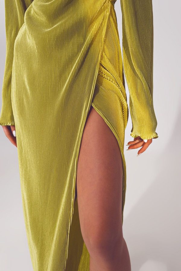 Satin Wrap Detail Pleated Dress in Green - Small / Green