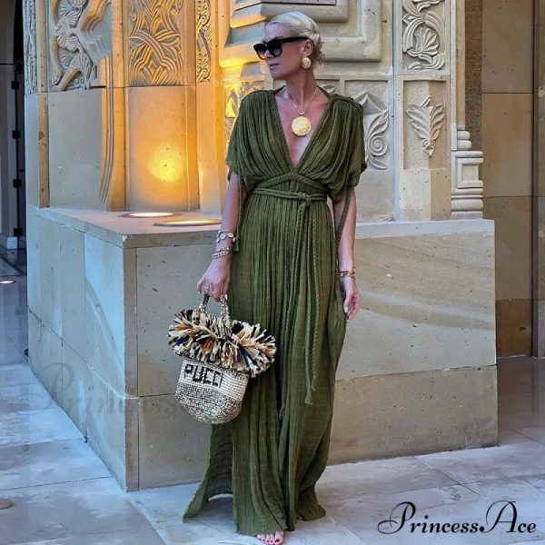 Bohemia Holiday Dress Elegant Solid Casual Loose Long Dresses Summer Christmas Party Dress - Green One Size