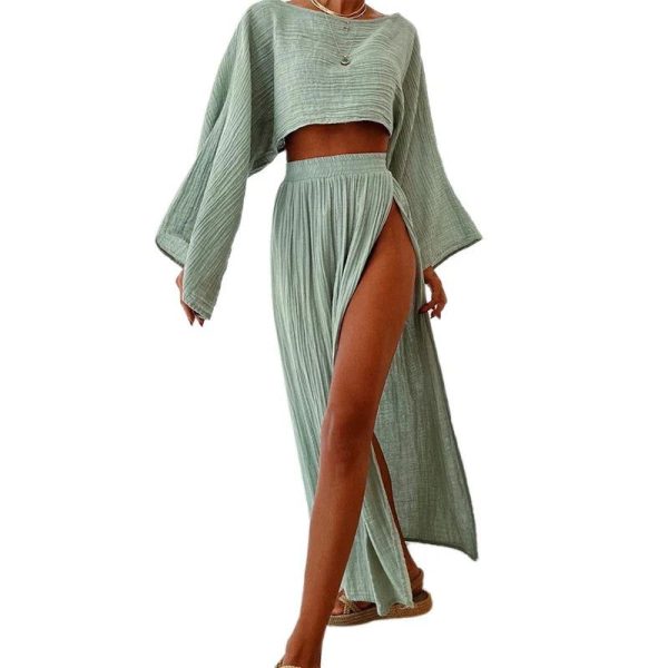 Elegant Women Crop Tops & High Waist Slit Maxi Skirts 2 Pieces Linen Pants Sets Beach Cover Ups Lounge Matching Sets - LightGreen / M