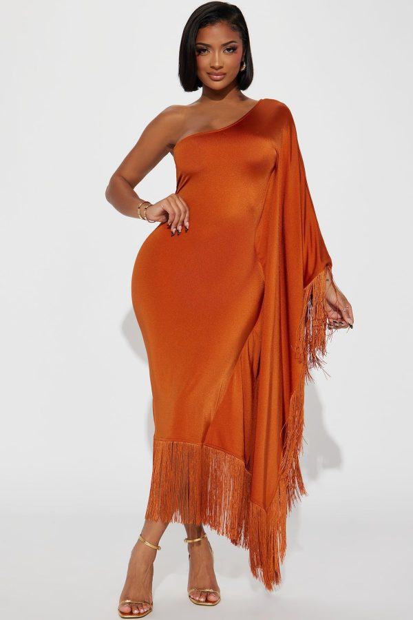Plus Size Tricot V-Neck, Feeling Fringe Midi Dress in Rust, Size 2X, For Vacation | Fashion Nova