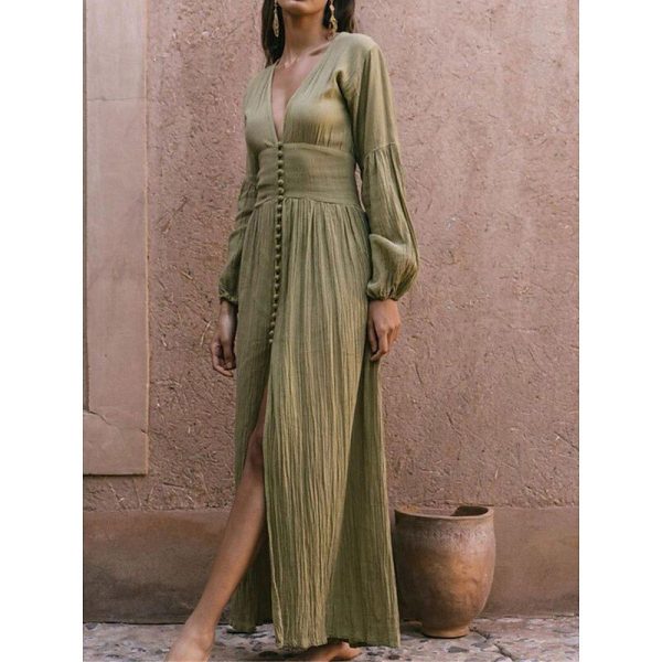 Women's White Dress Maxi Dress Button Split Thigh Vacation Beach Bohemia Hawaiian V Neck Long Sleeve Pink Green Beige Color