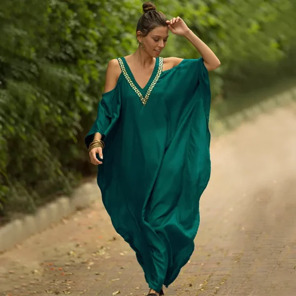 Zingj Sexy Cold Shoulder V Neck Bats Sleeve Loose Summer Beach Dress Plus Size Women Beachwear Kaftan Black Dress Q943 Q943-green-One Size