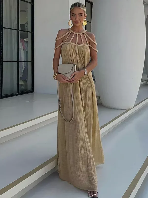 Zingj Hollow Out Lace Up Backless Women Long Dress Sexy Off Shoulder Sleeveless Maxi Dresses 2024 Summer Party Vacation Vestidos Picture Color-Free size