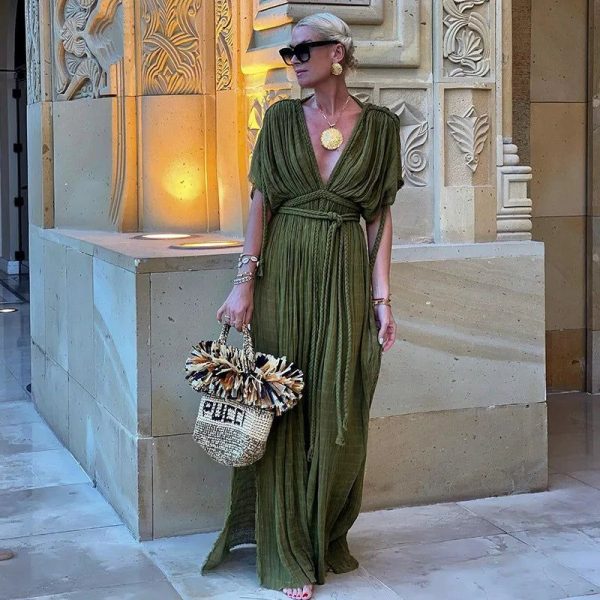 Green Bohemia Holiday Dress Women Elegant Solid Casual Loose Long Dresses Summer Sexy Split Backless Maxi Beach Dress  New - Green / One Size