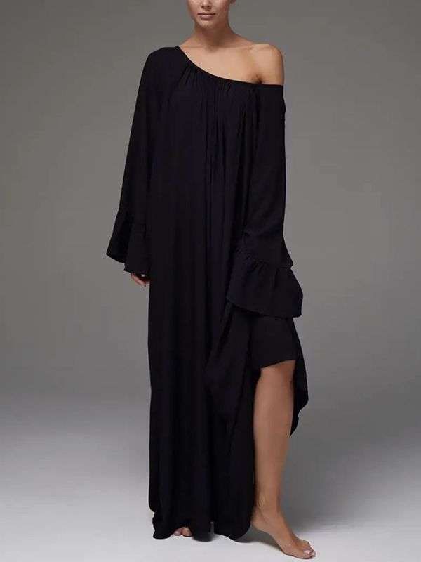 Pleated Solid Color Split-Joint A-Line Flared Sleeves Round-Neck Maxi Dresses BLACK-One_size