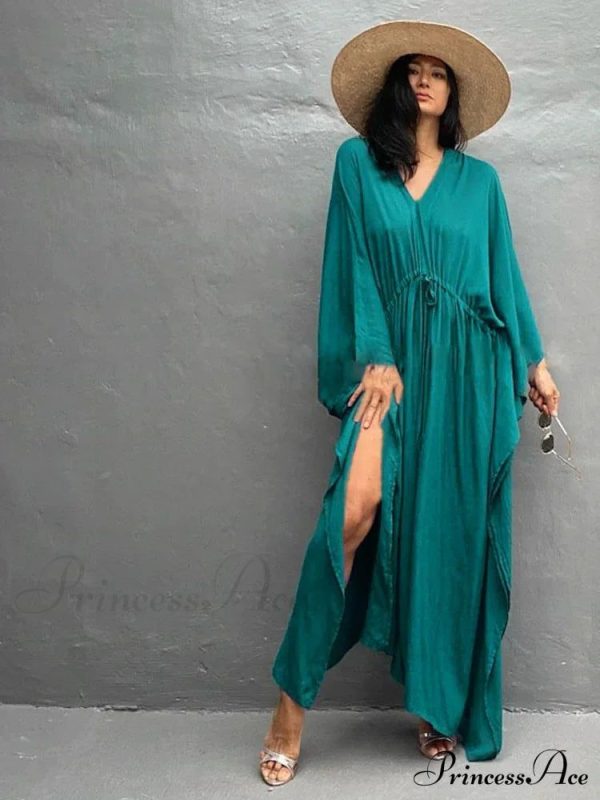 Solid Tunic Loose Kaftan Side Split Long Maxi Dress - Green One Size