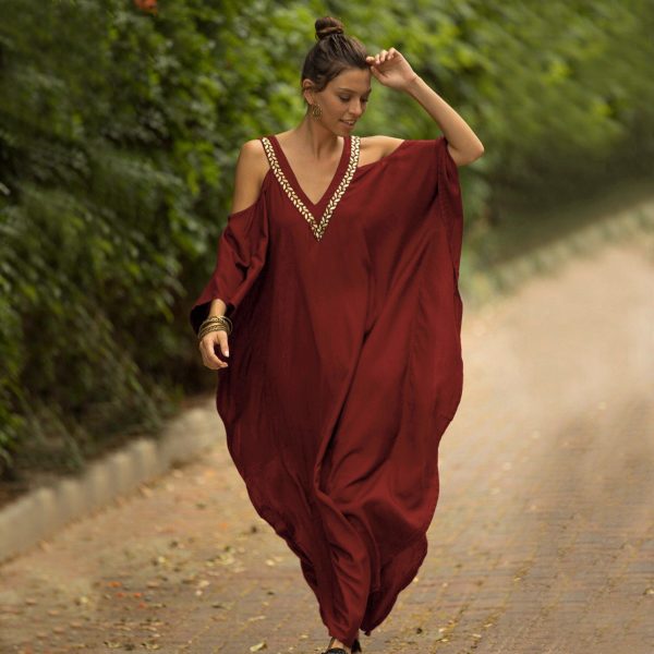 Zingj Sexy Cold Shoulder V Neck Bats Sleeve Loose Summer Beach Dress Plus Size Women Beachwear Kaftan Black Dress Q943 Q943-red-One Size