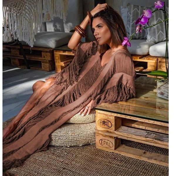 Bohemian Breeze Crochet Tunic Cover-up - Brown / One Size