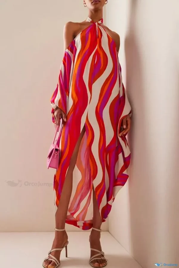 OrcaJump - Elegante Vestido Irregular Halter de Rayas Azules en Contraste para un Look de Vacaciones Sofisticado