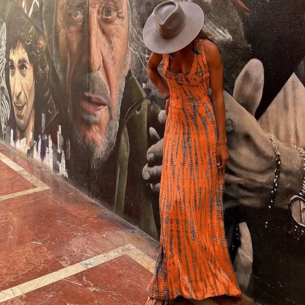 Blurred Lines Strappy Backless Soft Black Tie Dye Maxi for Women & Teens - waterline orange / S