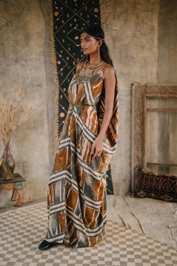 ATHENA Block Printed Boho Maxi Dress - Handmade, Natural Dyes, Open Back, Long Sleeves, Flowy Free Size Goddess Dress