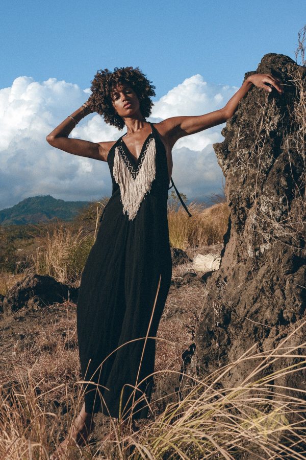 Black Goddess Dress * Tribal Gothic Dress * Boho Ethnic Dress * Black Wedding Guest Dress *  Tropical Summer Dress * Handmade Tassels Dress