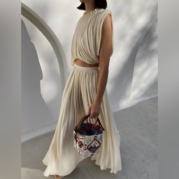 Commense Skirts | Asymmetric Pleated Chiffon Skirt Set - Off White | Color: Cream | Size: Xs
