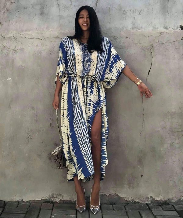Elegant Women's Printed Beach Kaftan – Short Sleeve Plus Size Bathing Suit Cover Up