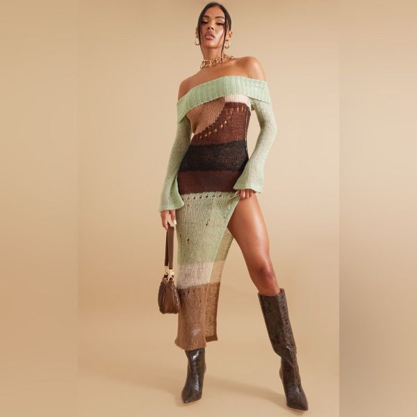 Prettylittlething Dresses | Plt Sage Abstract Open Knit Distressed Maxi Dress | Color: Brown/Green | Size: M