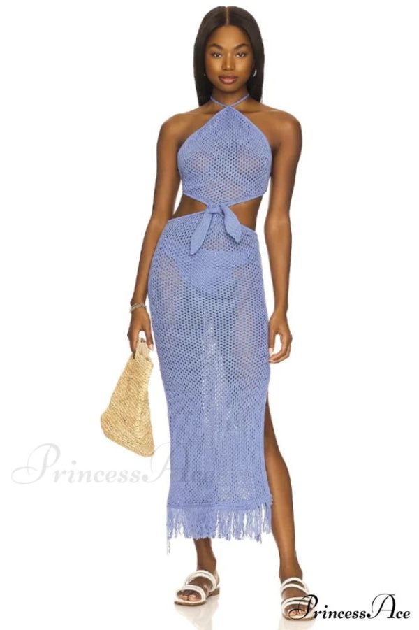 Blue Jean Crochet Charming Fringe Maxi Dress - L Blue