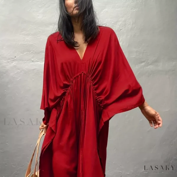 Lasaky - Womens Boho Style V Neck Cover Up Shirt with Drawstring, Loose Fit Non-Stretch Long Sleeves Rash Guard - Ideal for Swimwear & Resortwear - Red, One-size