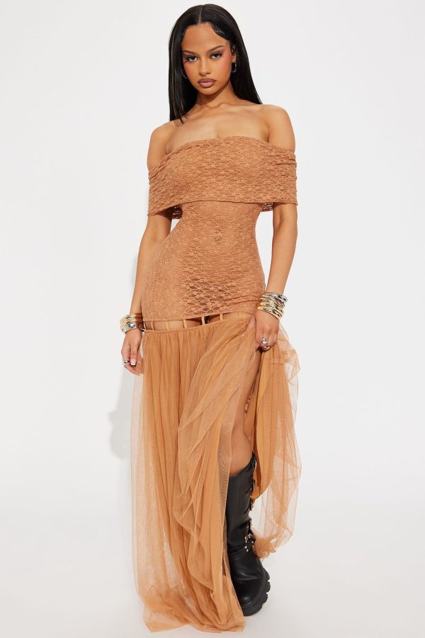 Women's Under The Desert Sun Crochet Maxi Dress in Tan Size Small