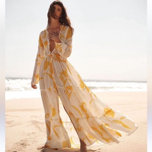 Evarae Dresses | Evarae 100% Silk Talia Flower Of Joy Kimono Floral Maxi Dress | Color: White/Yellow | Size: M