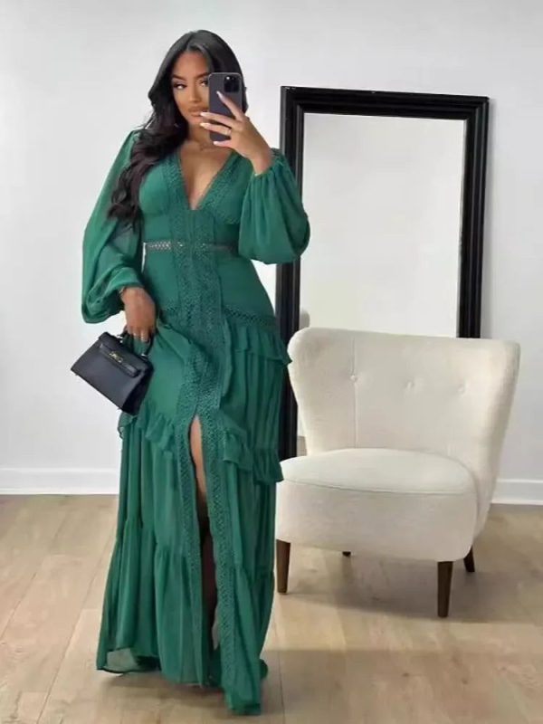 Women Elegant Layered Ruffles Patchwork Long Dress Chic V Neck Puff Full Sleeves Split Maxi Dresses Fashion Lady Party Robes - Dark green / L