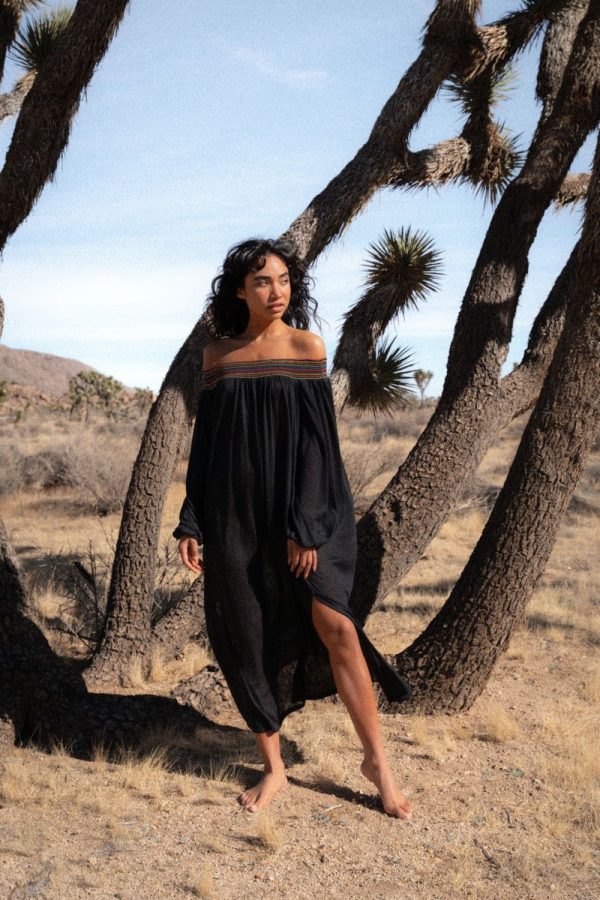 Smocked Off The Shoulder Dress - Black / PETITE