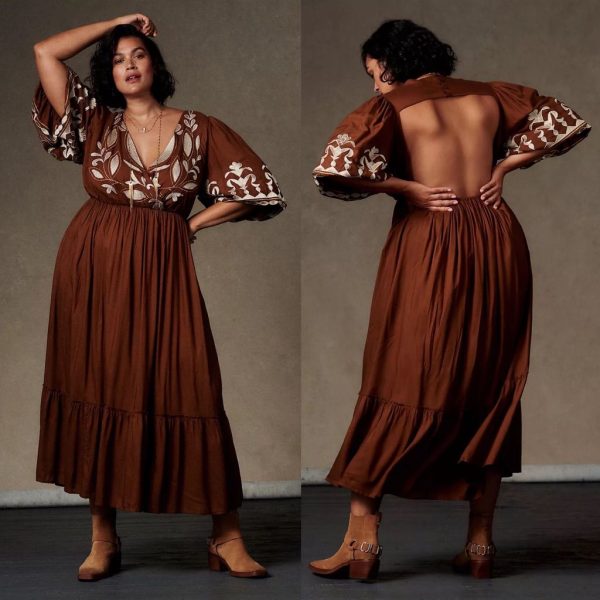 Anthropologie Dresses | Anthropologie Let Me Be Embroidered Open-Back Maxi Dress Gold 1x | Color: Brown/Tan | Size: 1x