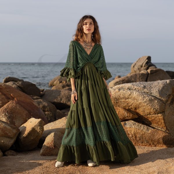 Seagrass Lace Kaftan | Flowy Destination Wedding Dress, Boho Chic Beach Maternity Gown, Engagement Photoshoot, Concert Dress - Lunette by ZP