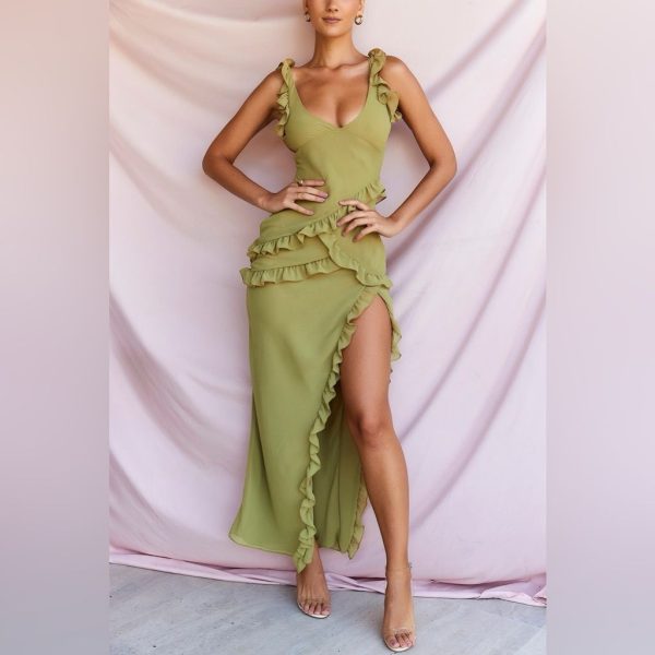 House Of Cb Dresses | Nwt House Of Cb Pixie Ruffled Maxi Dress L | Color: Green | Size: L