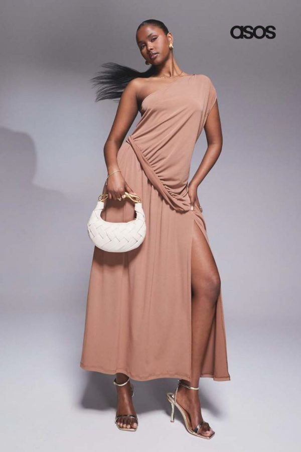 ASOS DESIGN one shoulder maxi dress with ruching detail and side slit in mauve-Brown