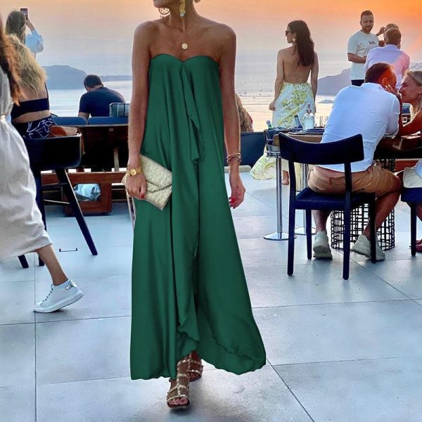 Zingj Off Shoulder Party Long Dress Fashion Women Satin Swing Loose Dress 2022 Chic Boho Sleeveless Chest Wrap Beach Dresses 01 Green-XL