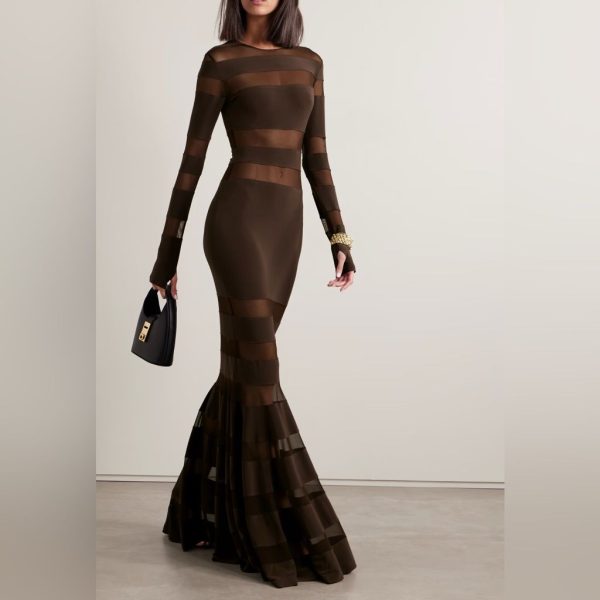 Norma Kamali Dresses | Norma Kamali Mesh-Paneled Stretch-Jersey Gown | Color: Brown | Size: S