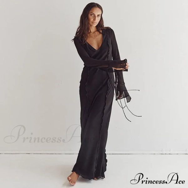 Mesh Transparent Flare Sleeve Cover-Ups Maxi Dress - Black S