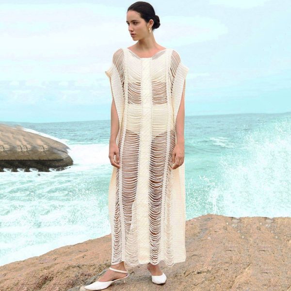 Zingj New Arrival Write Dress Knitting Tunic Sexy V-neck Plus Size Women Summer Dress Beach Wear Swim Suit Cover Up Q1262 White-One Size