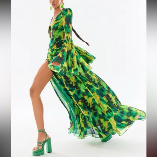 Incredible Open Back Multi Color Chiffon Maxi Dress | Color: Green/Red/Tan | Size: S