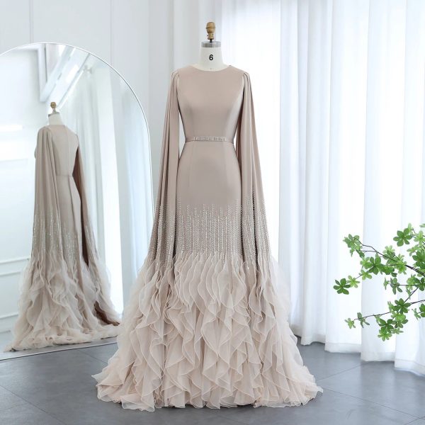 Luxury Mermaid Nude Evening Dresses with Cape Sleeves SS440