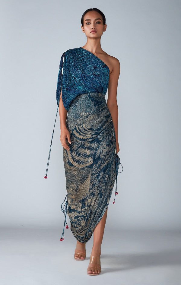 Blue Abstract Pleated Saree Dress