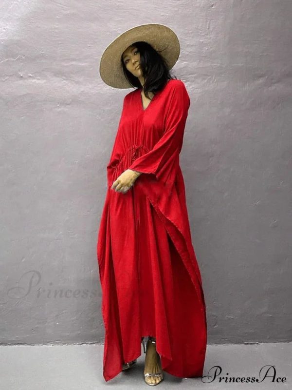 Solid Tunic Loose Kaftan Side Split Long Maxi Dress - Red / One Size